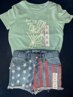 Cat & Jack Mint Green Floral Tee and Star-Spangled Denim Shorts